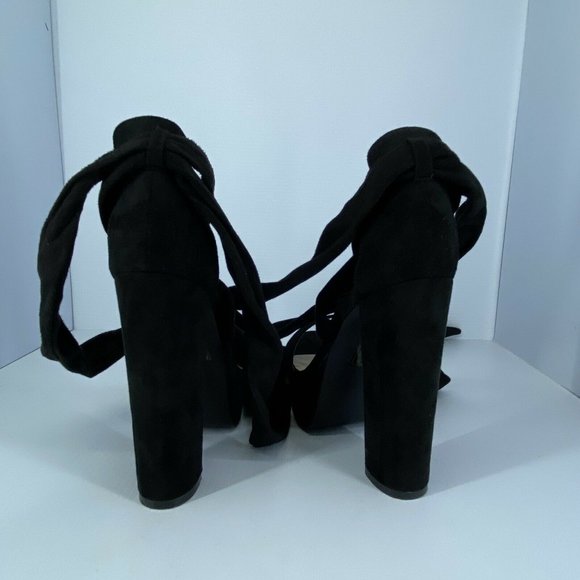 5.5” Lace Up Ankle open toe Chunky platform Sexy heel Black Faux Suede sz 9 - Picture 5 of 6